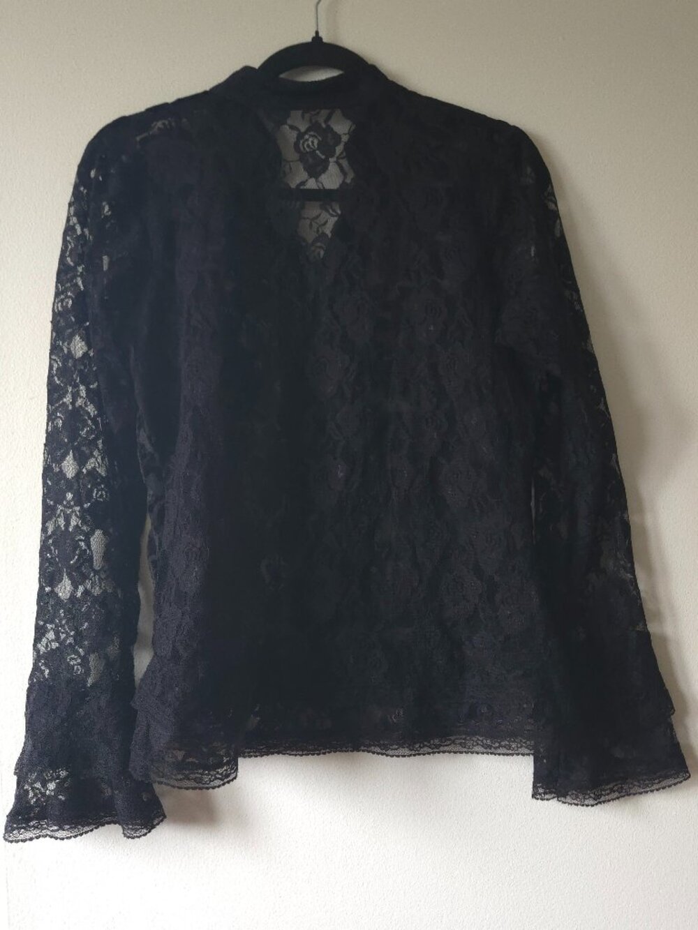 Vintage Black Floral Burnout Velvet Lace Blouse Bell Sleeve Button Front Medium